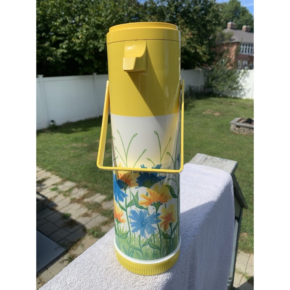 Aladdin's Pump-a-Drink Thermos Mid Century Modern Vintage Yellow Floral